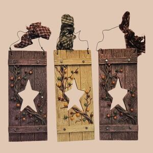 Lot of 3 Mallory Lane Primitive Star Wall Plaques Resin Berries
